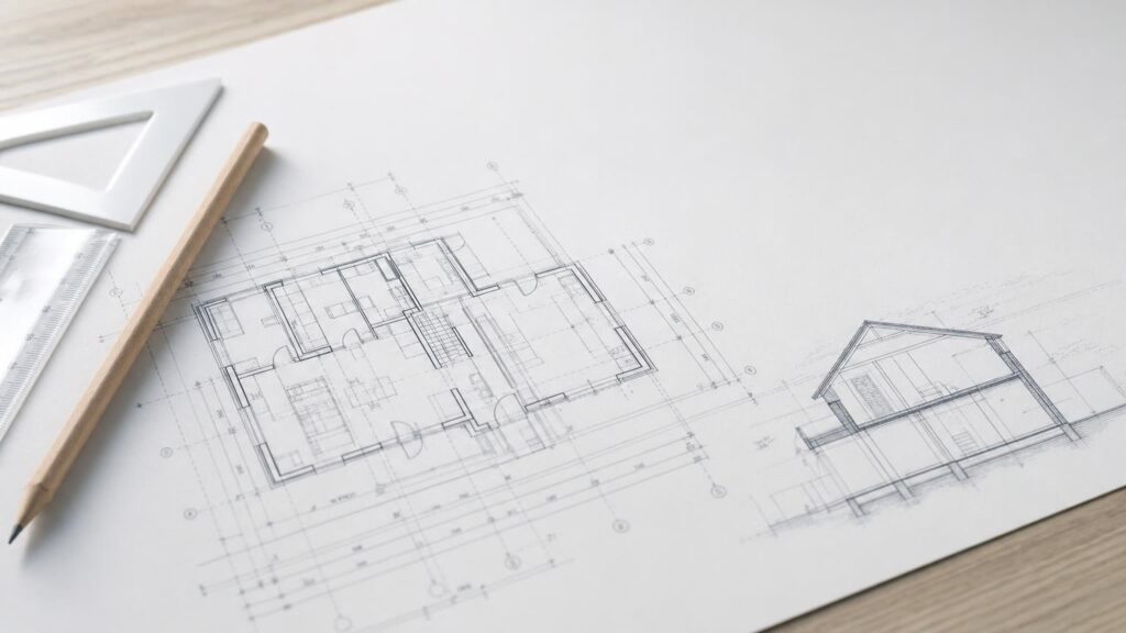 Projekt architektoniczny domu jednorodzinnego — rzut i przekrój na desce kreślarskiej